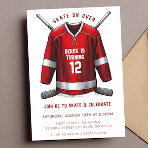 Skate On Over Hockey Theme Birthday Party Invitation Template, Red Any Age Hockey Birthday, Digital Download, 5x7, Print or send digitally