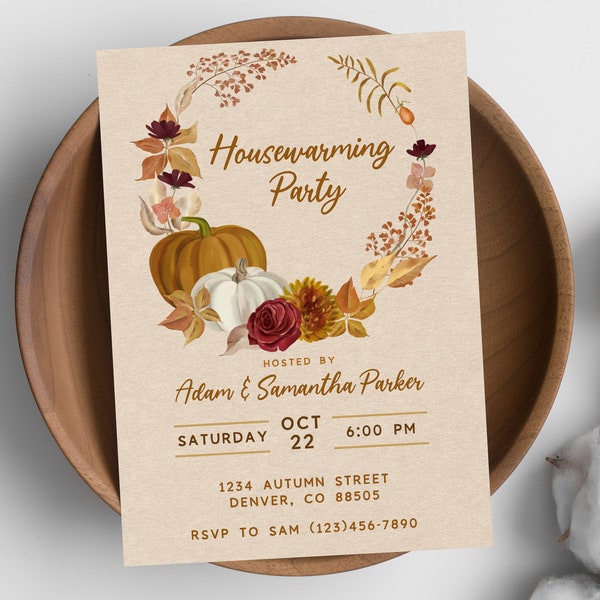 Fall Theme Housewarming Party Digital Download. Editable Invitation, 5x7, Corjl, Print or send digitally via text, email, social media