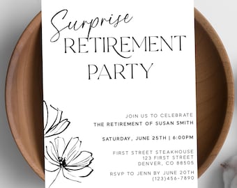 May include: A white invitation card with black text announcing a surprise retirement party. The card features the words "Surprise Retirement Party" in elegant script and includes event details. The card is placed in a wooden bowl with cotton accents.