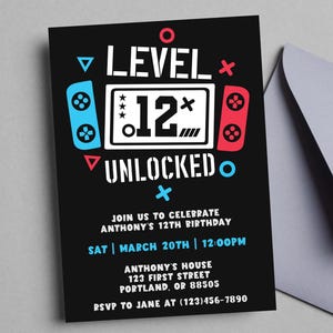 Level 12 Unlocked Boy&#39;s Gaming Birthday Party Invitation Template, Gaming 12th Birthday, Editable, Digital Download, Print or send digitally