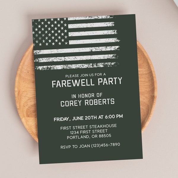 Military Themed Farewell Party Invitation Template with Flag, Digital Download, Instant Download, Editable, 5x7, Print or share digitally
