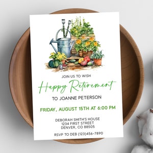 Modelo de convite para festa de aposentadoria com tema de jardinagem, edite e personalize, download digital, download instantâneo, 5x7, imprima ou envie digitalmente