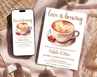 Love is Brewing Coffee Bridal Shower Invitation Template, Coffee Theme Bridal Shower, Editable, Instant Download, Print or send digitally
