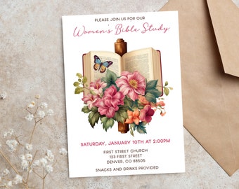 Könnte beinhalten: Einladung zu einem Frauenbibelkreis in der First Street Church am 10. Januar um 14:00 Uhr. Die Einladung zeigt ein offenes Buch mit einem Schmetterling und Blumen.