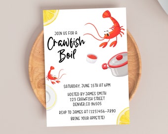 May include: A white invitation card with a red crawfish illustration and the text "Join us for a Crawfish Boil" in black. The invitation details a crawfish boil event on Saturday, June 15th at 6pm, hosted by James Smith at 123 Crawfish Street, Denver, CO 96505. The RSVP information is "RSVP to James at (123)456-7890" and the invitation concludes with "Bring your appetite!"