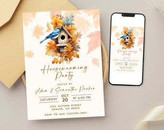 May include: A housewarming party invitation with a watercolor illustration of a bluebird in a birdhouse surrounded by autumn leaves. The invitation is for Adam & Samantha Parker on Saturday, October 20th at 6:00 PM. The address is 1234 Autumn Street, Denver, CO 88505. RSVP to Sam at (123)456-7890.