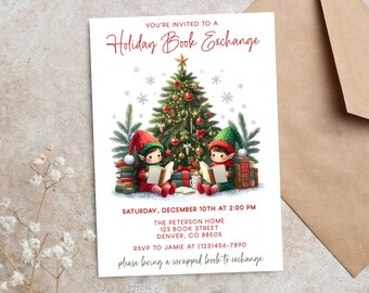 Holiday Book Exchange Party Invitation Template, Christmas Holiday Book Swap Exchange, Editable, Instant Download, Print or send digitally