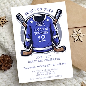 Skate On Over Hockey Theme Birthday Party Invitation Template, Any Age Hockey Birthday, Edit, Instant Download, 5x7, Print or send digitally
