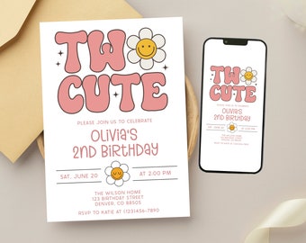 Two Cute 2nd Birthday Party Invitation Template, Second Birthday, Editable, Digital Download, Instant Download, 5x7, Print or send digitally