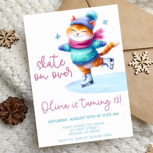 Skate On Over Ice Skate Birthday Party with Cat Invitation Template, Ice Skating Party, Edit, Instant Download, 5x7, Print or send digitally