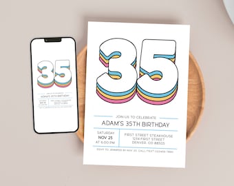 Modelo mínimo de convite para festa de 35 anos, 35ª festa unissex, editar, download digital, download instantâneo, 5x7, imprimir ou enviar digitalmente