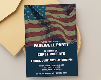 Blue Military Themed Farewell Party Invitation Template with Realistic Flag, Digital Download, Editable, 5x7, Print or share digitally