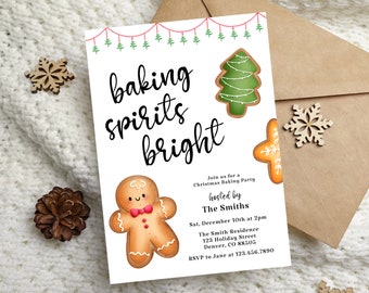 Baking Spirits Bright Christmas Holiday Baking Party Invitation Template, Cookie Party, Editable, Digital Download, Print or send digitally