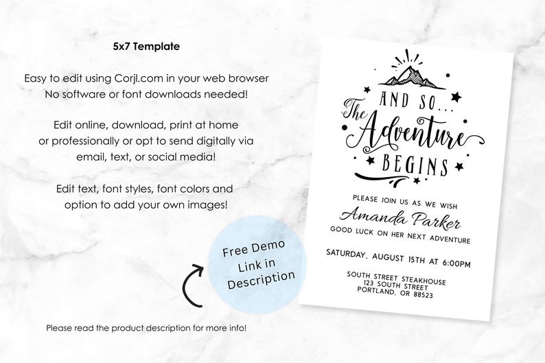 Next Adventure Farewell Party Digital Download - Editable and Customizable using Corjl - 5x7 - Print or share via text, email, social media image 3