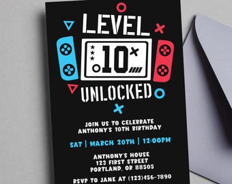 Level 10 Unlocked Boy's Gaming Birthday Party Invitation Template, Gaming 10th Birthday, Editable, Digital Download, Print or send digitally