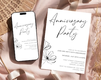 Anniversary Party Invitation Template, Minimal Elegant Anniversary Party Invite, Editable, Digital Download, Print or share digitally