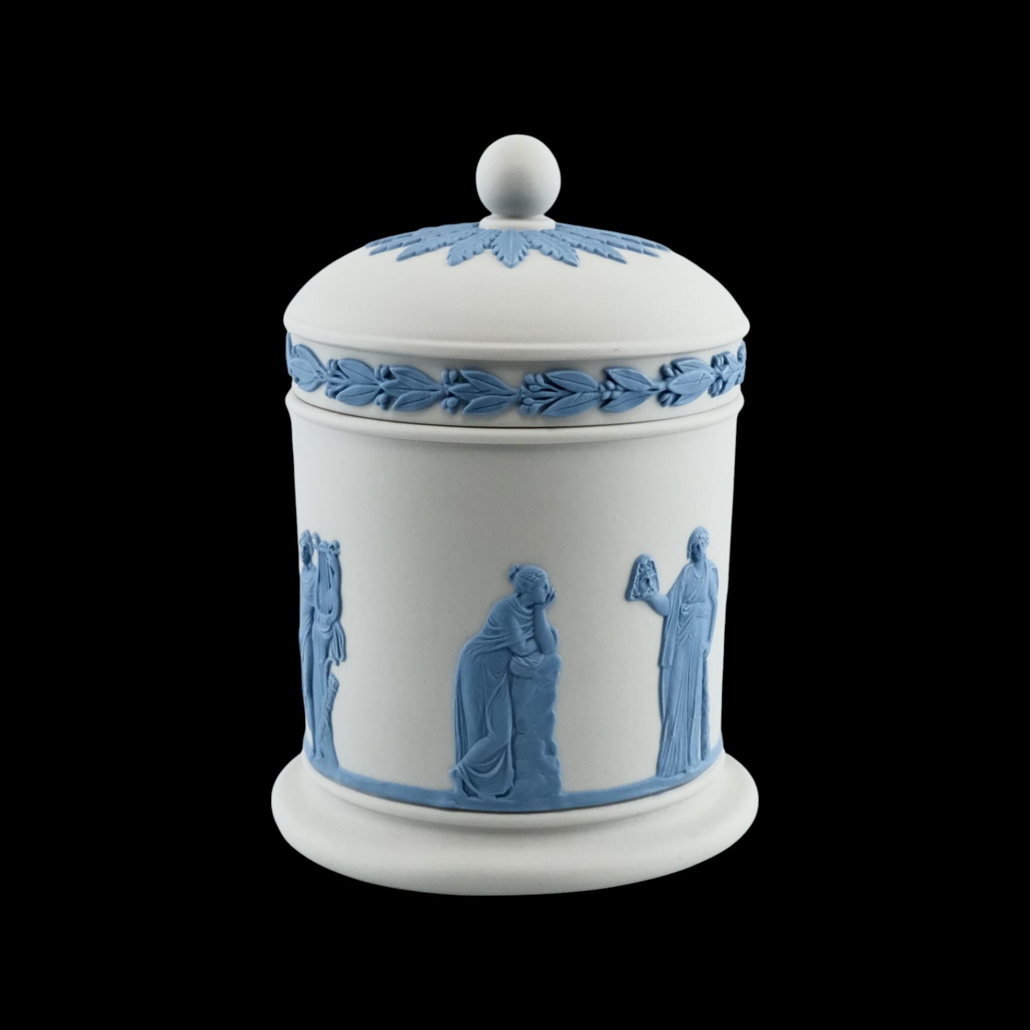 wedgwood tobacco jar Vintage Blue & White Jasperware 4 1/2 With Lid WedgwoodWednesday 20th Century 4"