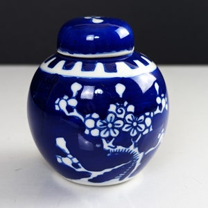 Vintage Hand Painted Chinese Small Jar ,Prunus Blossom, KANGXI Double Rings