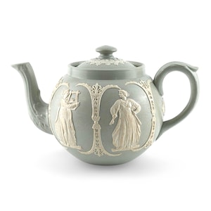 Sent 1800-tal Dudson Brothers Jasperware ljusgrön tekanna