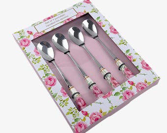 DOLCE VITA Italy Set of 4 Porcelain Handled Tea Spoons in Roses Pattern