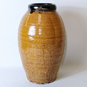 Può includere: Un grande vaso in ceramica di forma ovale con una smaltatura marrone e un bordo nero. Il vaso ha una texture punteggiata e una superficie leggermente irregolare.