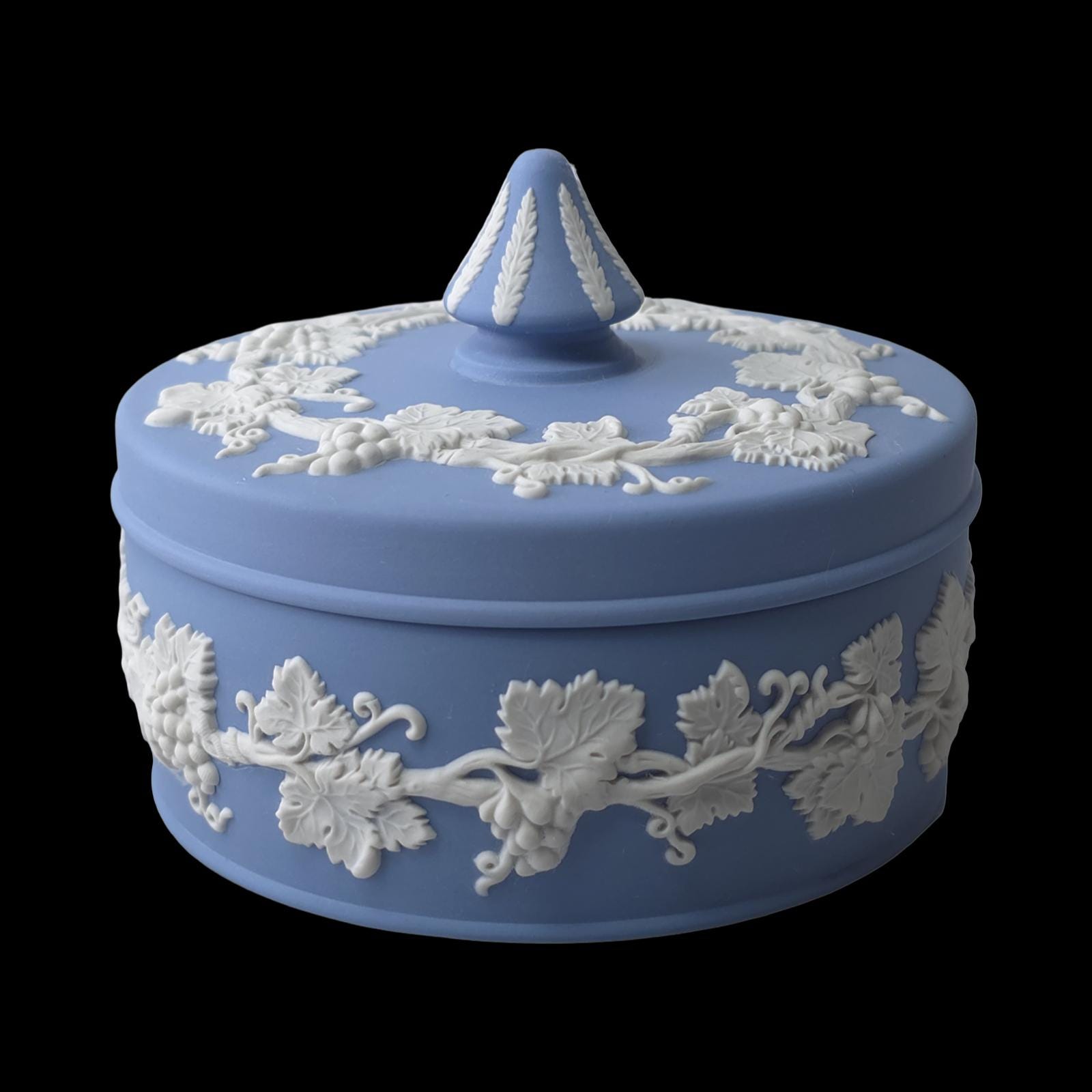 WEDGWOOD Jasperware Handcrafted Pale Blue Box Featuring Grapevine