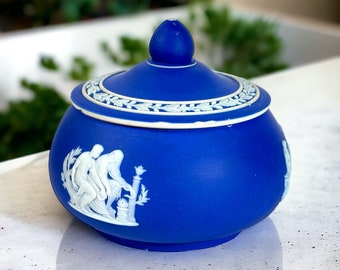 Pot antique à couvercle bleu cobalt en jaspe Étrurie WEDGWOOD