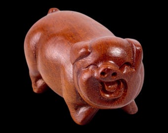中国彫刻の小さな幸せな豚の木彫りの置物 - Etsy 日本
