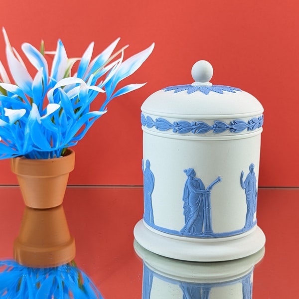 Vintage WEDGWOOD Jasperware White & Blue Relief Tobacco Jar