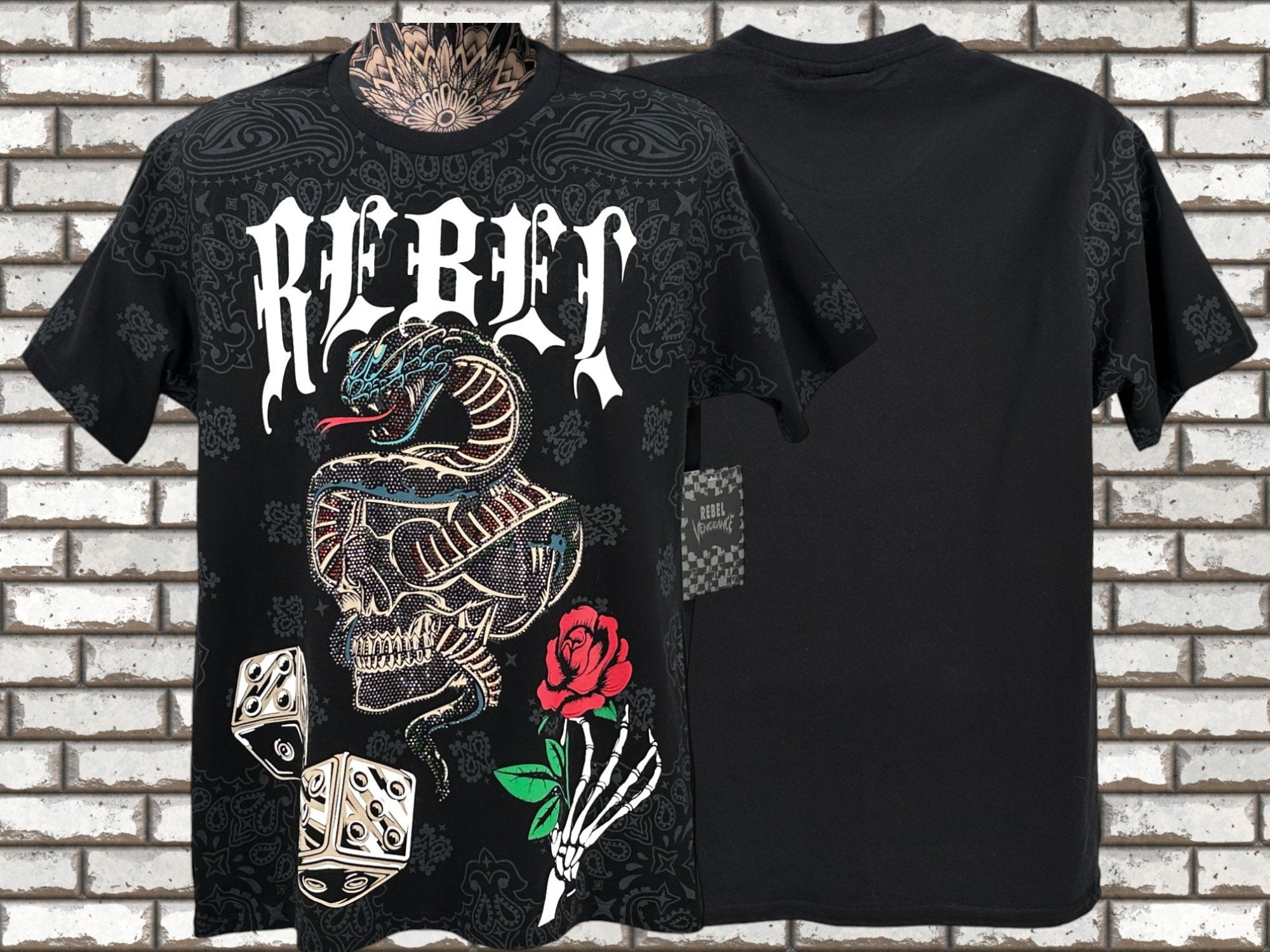 llica rebel skull Tシャツ ボックスシルエット Original REBEL VENGEANCE Black Cotton T Shirt ' Skull Snake Rose