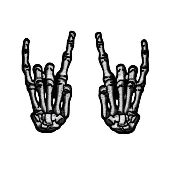 Rock On Rock n Roll Scary Skeleton Hand Sign Embroidered Iron-On Patch