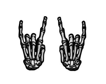 Skeleton Middle Finger Sew Iron on Patch Bone Hand Sign Rock and Roll ...