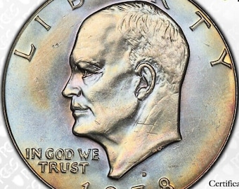 Beautifully Toned 1978-D Eisenhower "Ike" Dollar - PCGS MS65 - Gorgeous Dual Side Toner! Excellent Eye Appeal! Pastel Midnight. PCGS Graded.