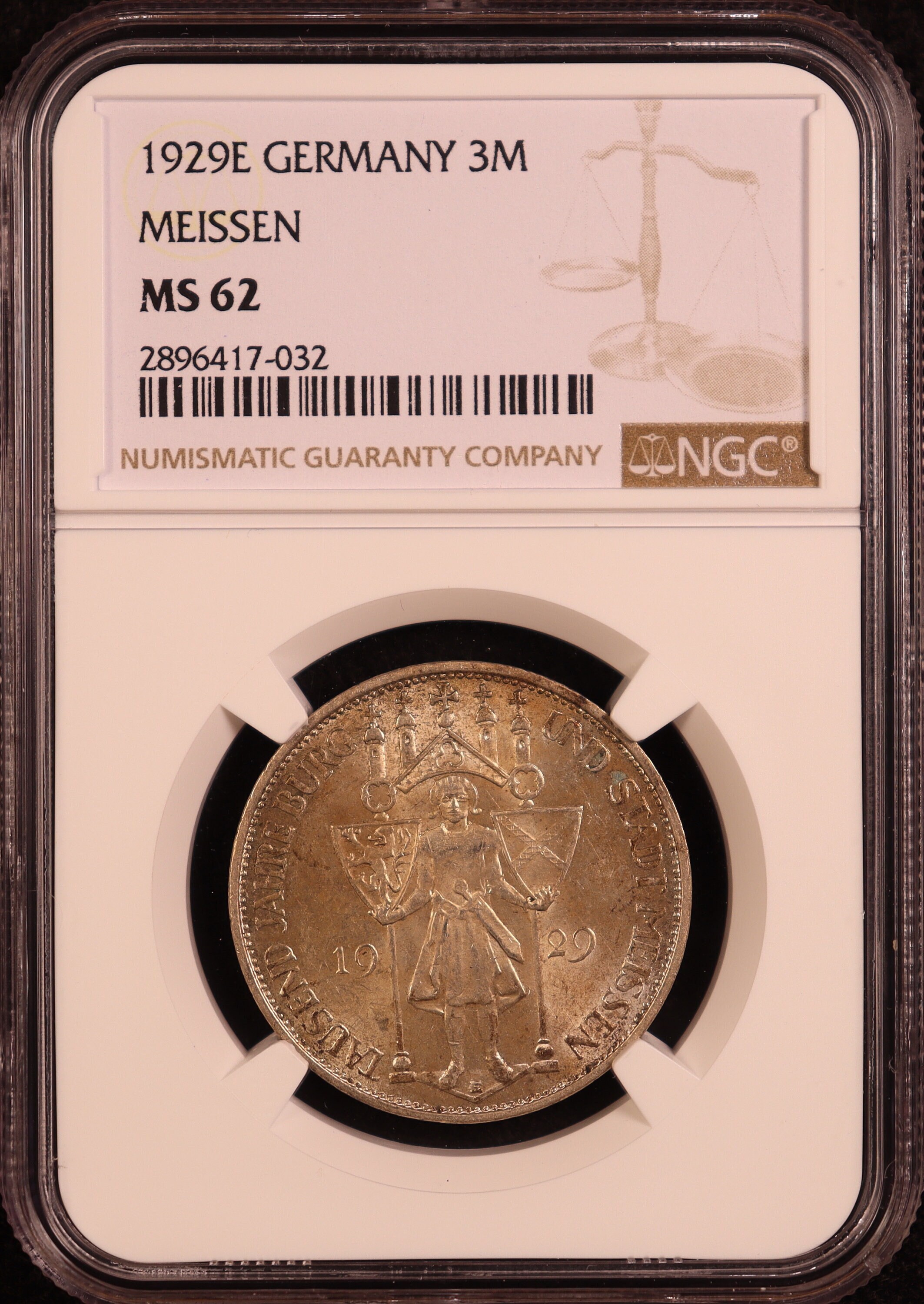 1929-E ドイツ「ワイマール共和国」マイセン 3 マルク銀貨 - NGC MS62