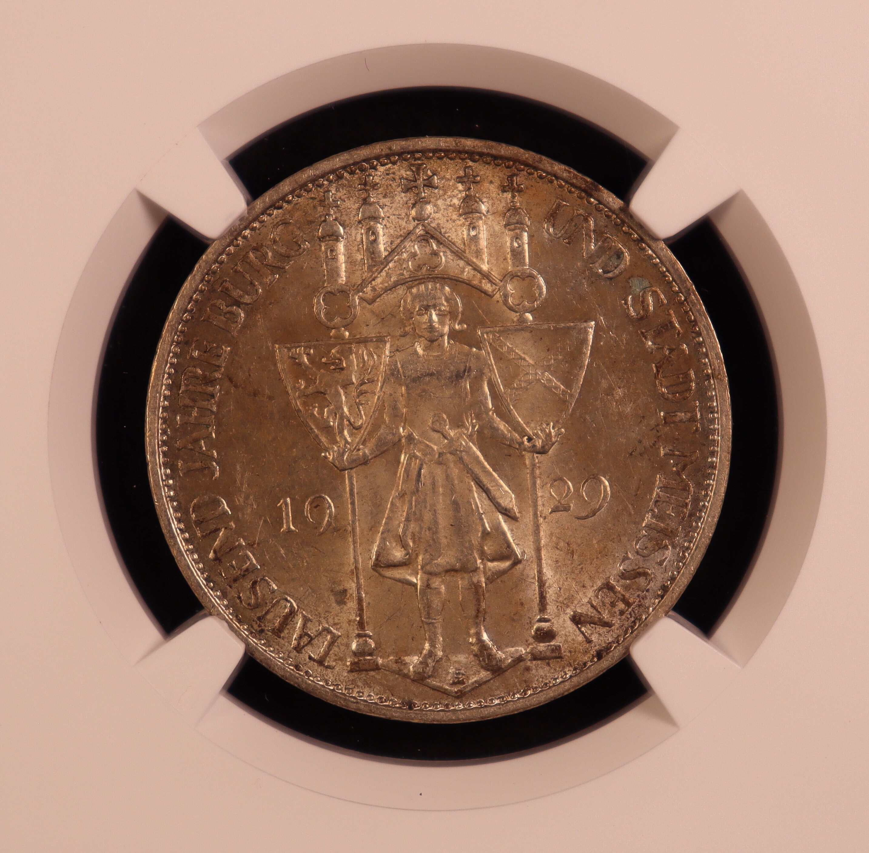 1929-E ドイツ「ワイマール共和国」マイセン 3 マルク銀貨 - NGC MS62