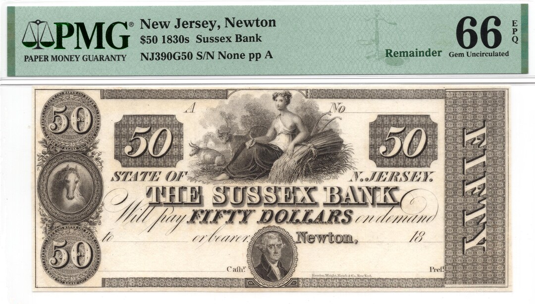 1830s Fifty Dollar the Sussex Bank, Newton New Jersey Obsolete ...