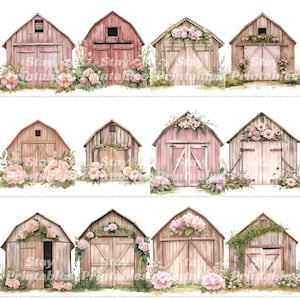 Imágenes prediseñadas de lugar de celebración de bodas rústicas, ilustración de boda en granero, arte digital de granero floral
