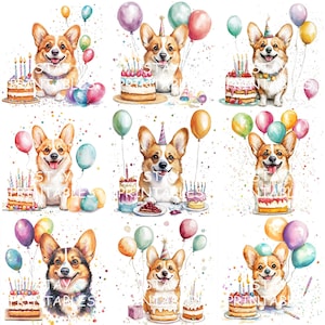 Corgi Birthday Party Clipart Set, Cute Dog Celebration Art Bundle