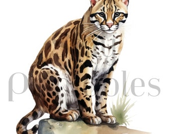 Clipart de acuarela de ocelote: arte de la vida silvestre de la selva (JPG)