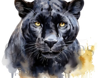 Black Jaguar Watercolor Clipart: Jungle Wildlife Art (JPGs)