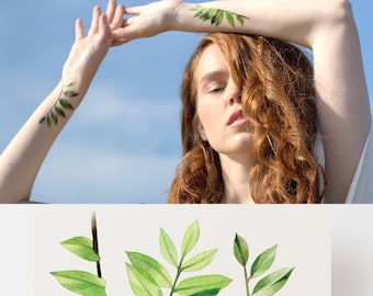 Green Leafs temporary tattoos, set of 3 branches flash tattoos, minimalistic artistic fake tattoo, waterproof flowers
