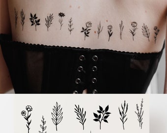 Black floral tiny temporary tattoo, mini flash tattoo, herbarium minimalistic artistic fake tattoo, waterproof flowers