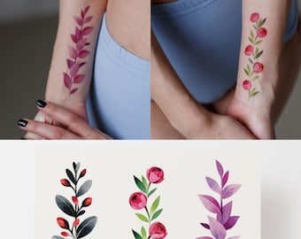 Floral temporary tattoos, set of 3 branches mini flash tattoo, peonies and leafs minimalistic artistic fake tattoo, waterproof flowers