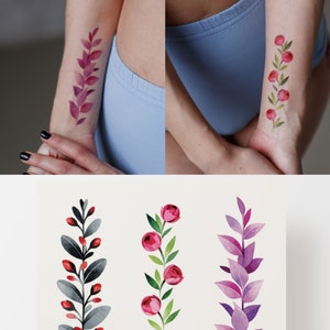 Floral temporary tattoos, set of 3 branches mini flash tattoo, peonies and leafs minimalistic artistic fake tattoo, waterproof flowers