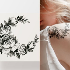 Black floral temporary tattoo, pionies flash tattoo, minimalistic artistic fake tattoo, waterproof flower