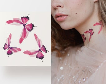 Tatuaje temporal de mariposas, conjunto de 3 pequeños tatuajes flash lindos, tatuaje falso artístico minimalista, colorido e impermeable