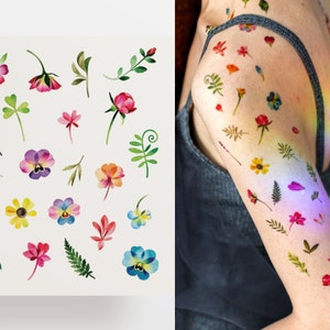 Floral tiny temporary tattoo, mini flash tattoo, set of 22 small cute minimalistic artistic fake tattoo, waterproof flowers