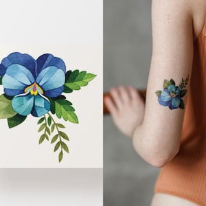 Floral temporary tattoo, small flash tattoo, blue pansy minimalistic artistic fake tattoo waterproof flower