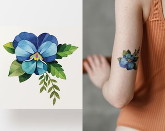 Tatuaje temporal floral, pequeño tatuaje flash, pensamiento azul minimalista artístico tatuaje falso flor impermeable
