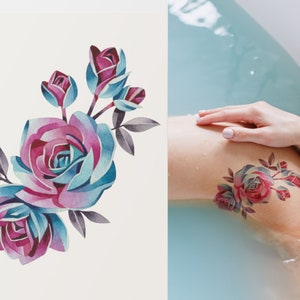 Floral temporary tattoos, blue and pink roses tattoo flash, minimalistic artistic fake tattoo, waterproof flowers